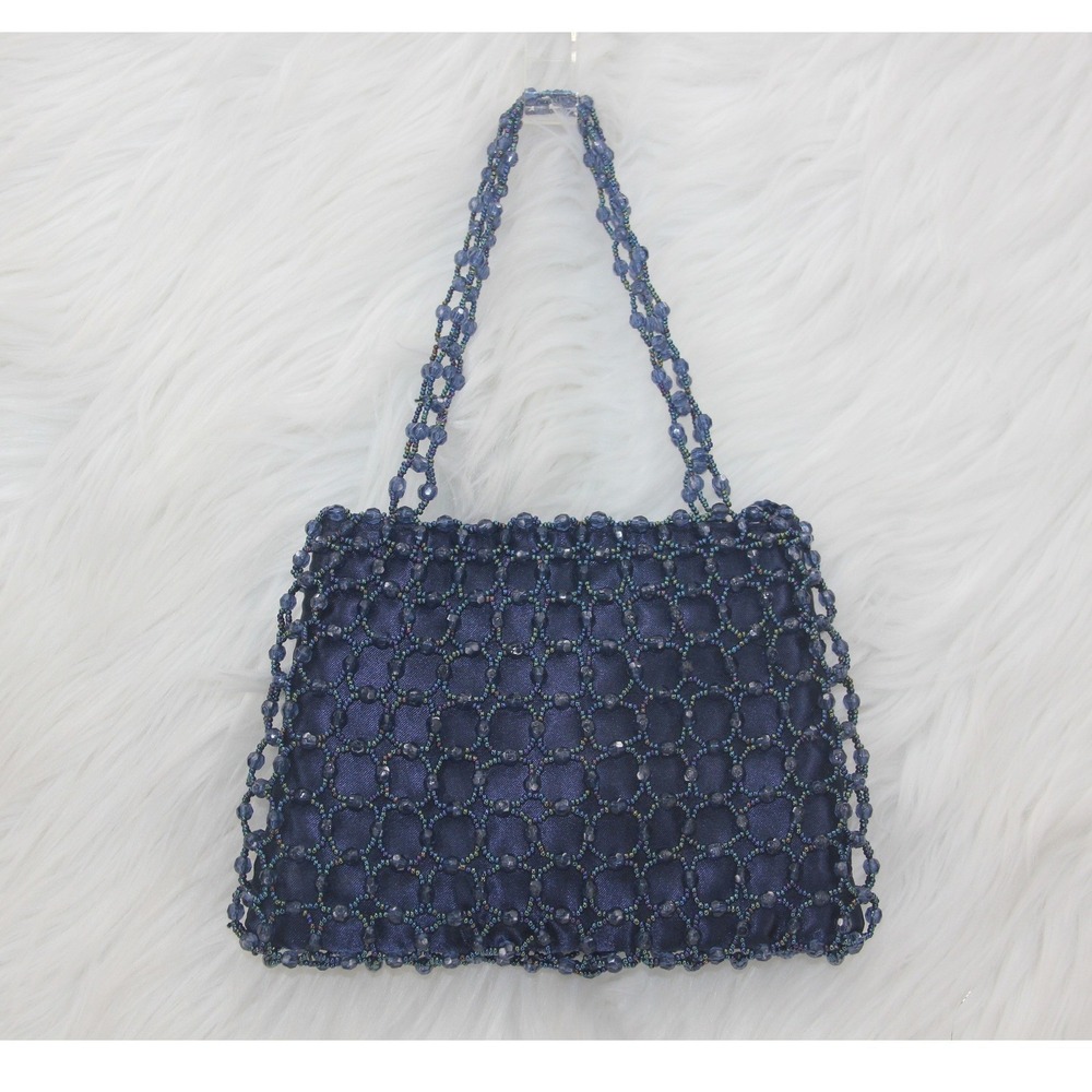 90s Y2K Navy Blue Beaded Overlay Prom Small Mini Purse Bag 2 Straps long Strap